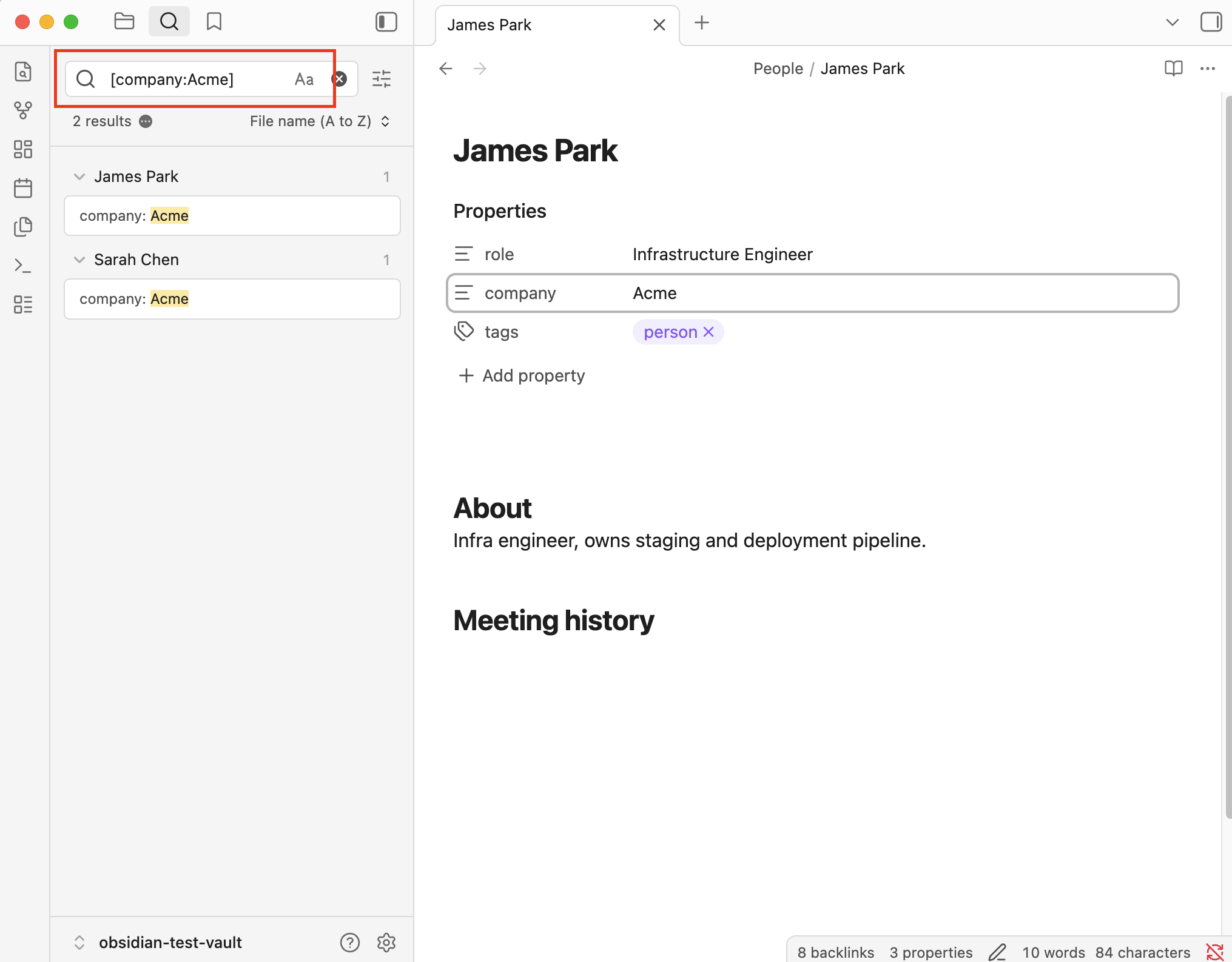 Obsidian property search across person notes